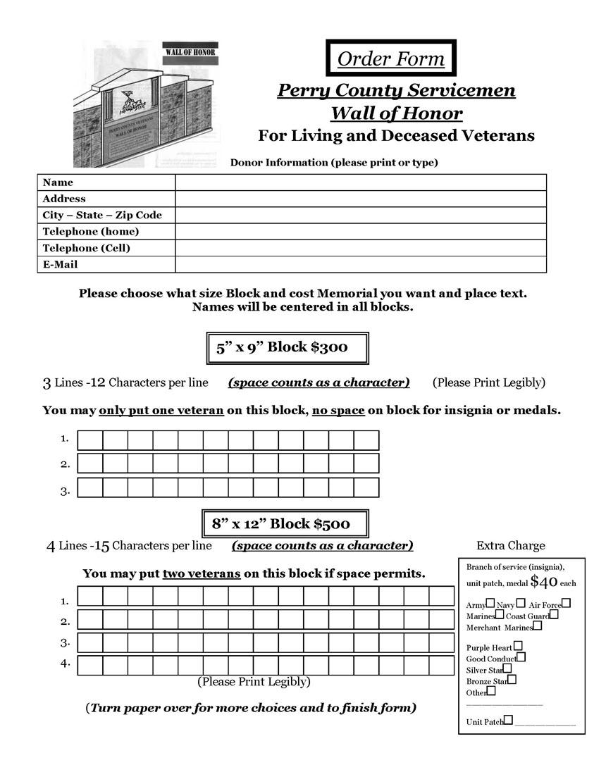 Perry County Military  Museum Wall of Honor Order Form